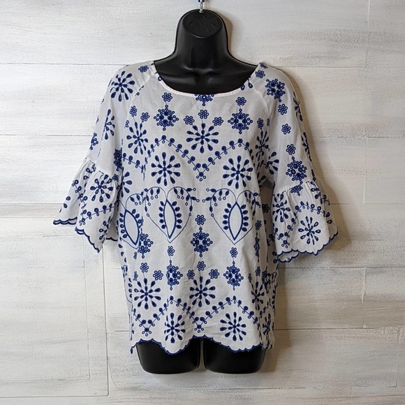 Given Kale White with Embroidered Blue Eyelet Hippie Boho Blouse Size S - Picture 1 of 5
